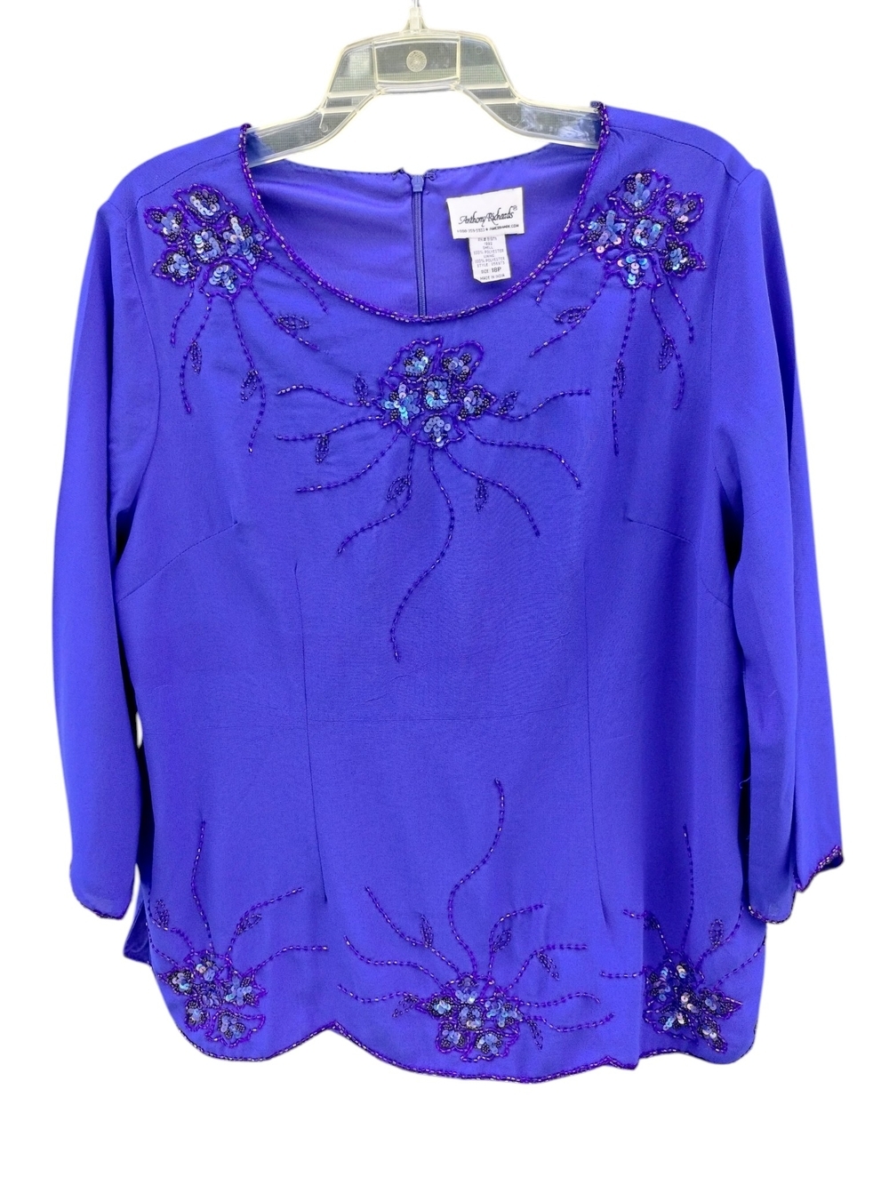 Anthony Richards Blue Beaded Floral Evening Blouse Sz.18P - Picture 2 of 9